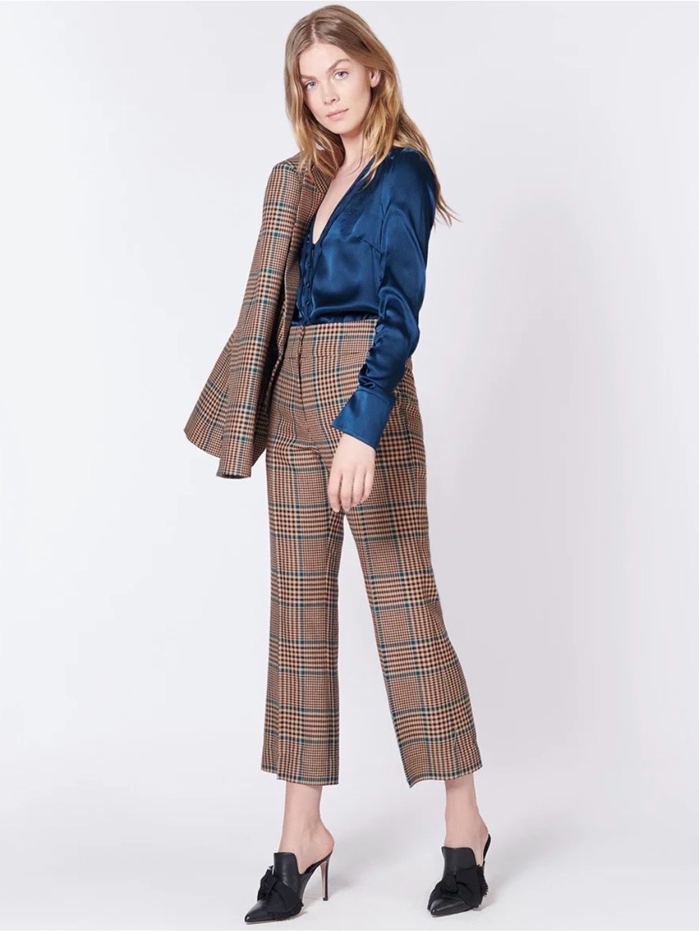 NWT Veronica Beard Cormac Petrol Multi Plaid Cropped Flare Trousers Size 4